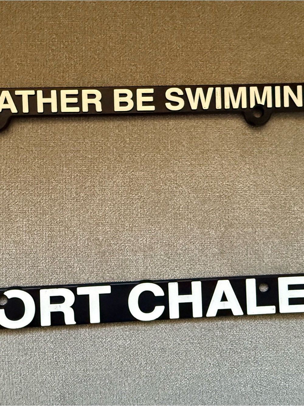 Sport chalet car license plate frame “I’d rather be swimming “